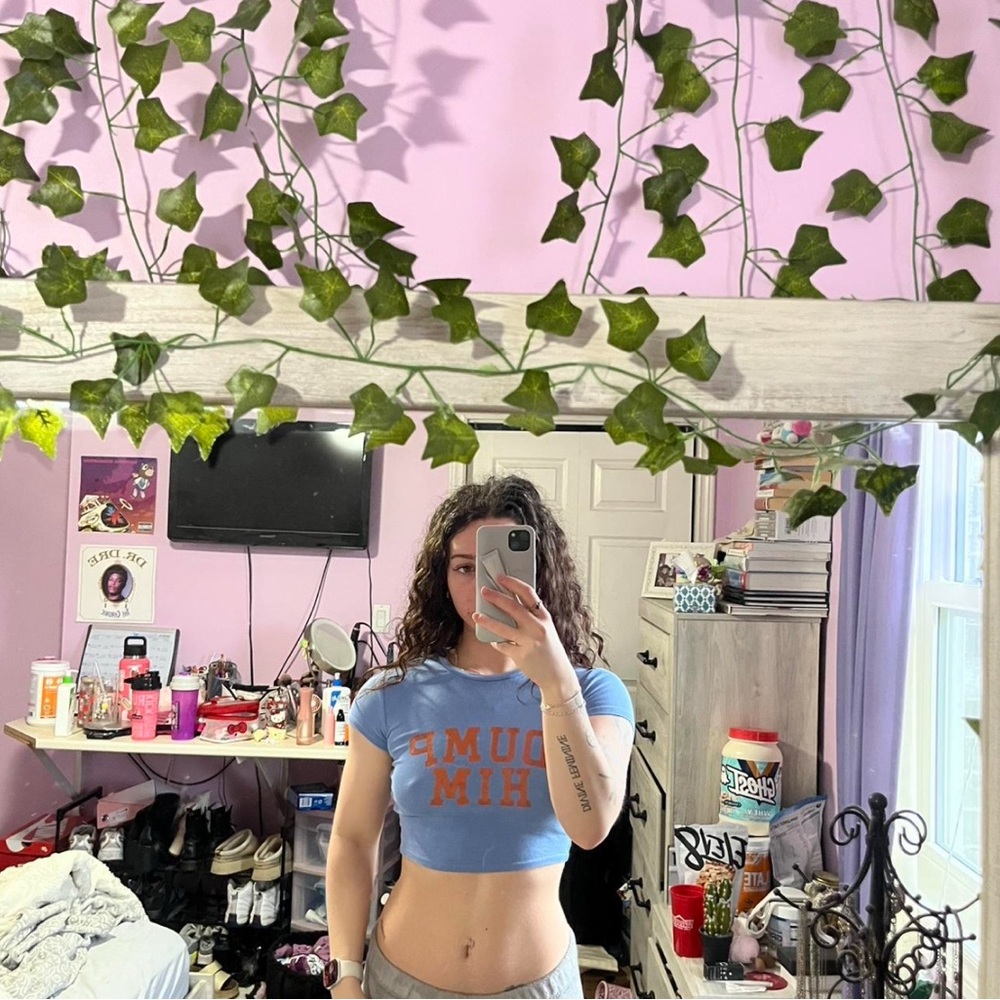 Blue Crop Top with Orange “dump him” print